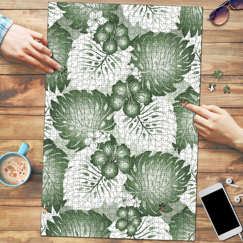 Sage Green Aloha Hawaii Puzzle Monstera Hibiscus Plumeria Seamless Vibes - Polynesian Pride