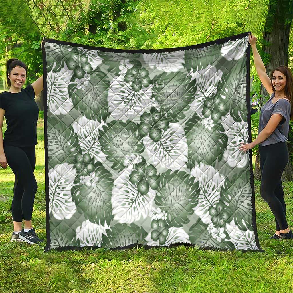 Sage Green Aloha Hawaii Quilt Monstera Hibiscus Plumeria Seamless Vibes - Polynesian Pride