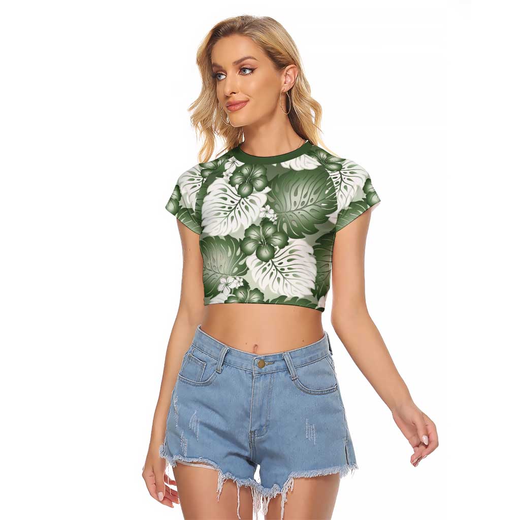 Sage Green Aloha Hawaii Raglan Cropped T Shirt Monstera Hibiscus Plumeria Seamless Vibes - Polynesian Pride