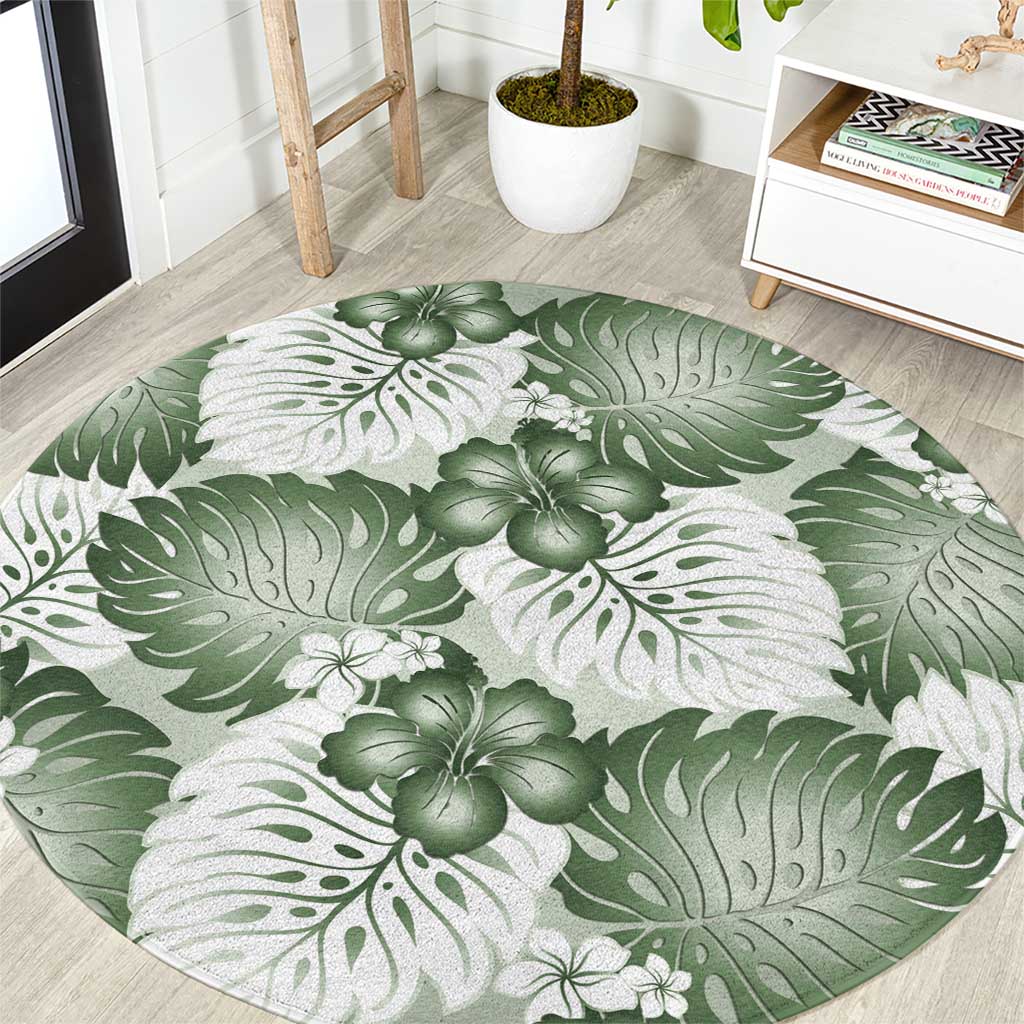 Sage Green Aloha Hawaii Round Carpet Monstera Hibiscus Plumeria Seamless Vibes - Polynesian Pride