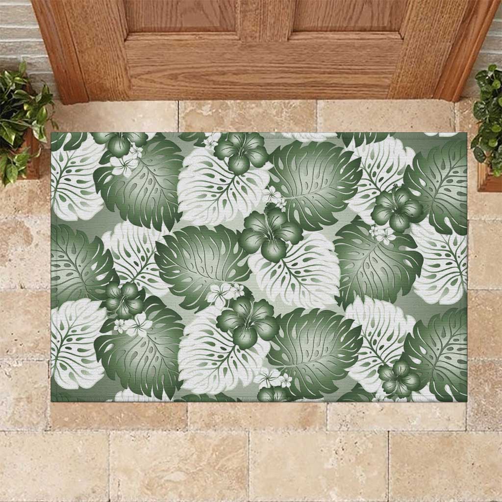 Sage Green Aloha Hawaii Rubber Doormat Monstera Hibiscus Plumeria Seamless Vibes - Polynesian Pride