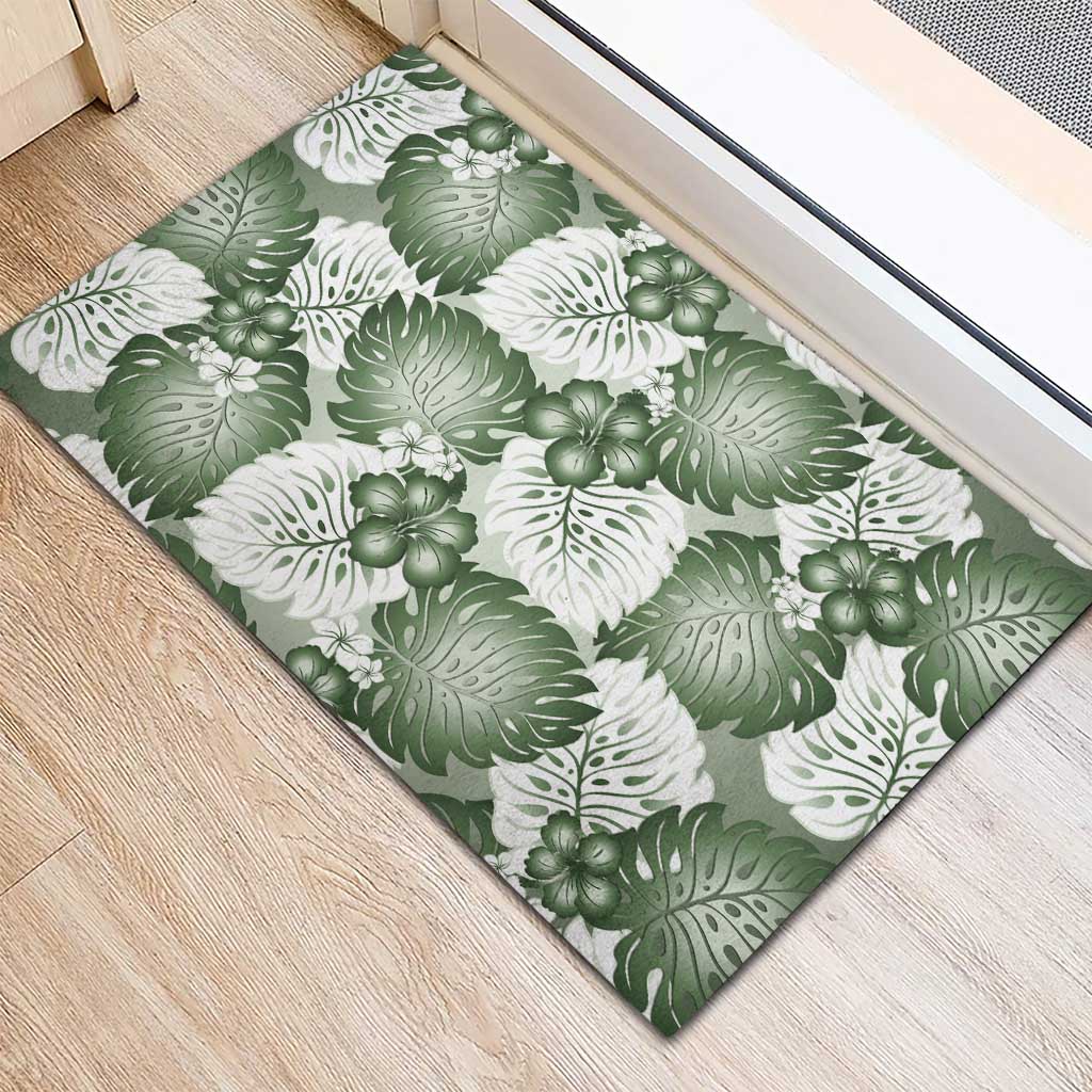 Sage Green Aloha Hawaii Rubber Doormat Monstera Hibiscus Plumeria Seamless Vibes - Polynesian Pride