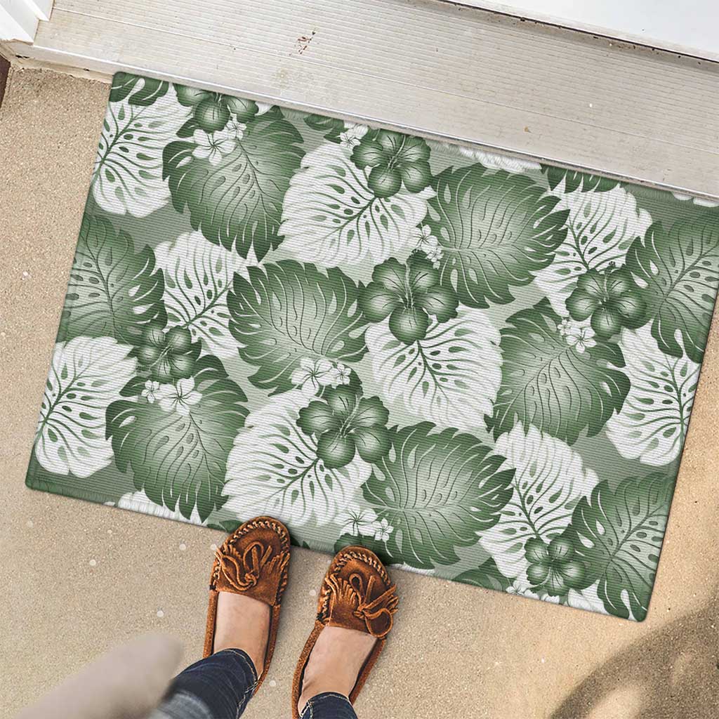 Sage Green Aloha Hawaii Rubber Doormat Monstera Hibiscus Plumeria Seamless Vibes - Polynesian Pride