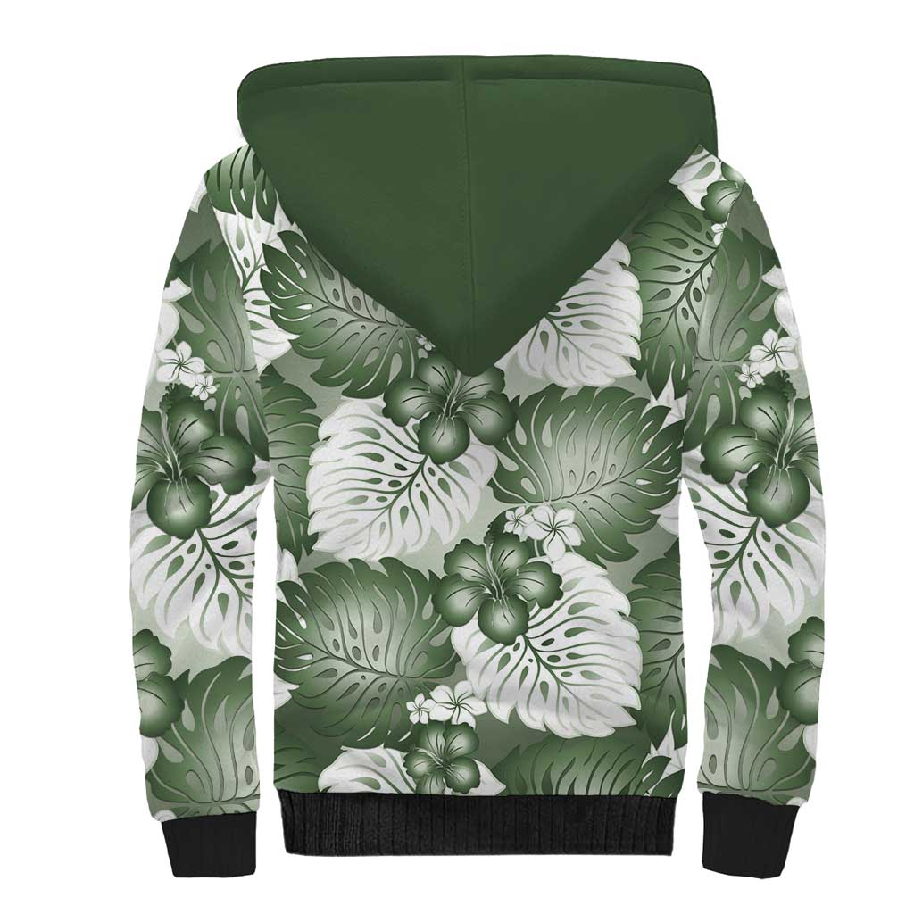 Sage Green Aloha Hawaii Sherpa Hoodie Monstera Hibiscus Plumeria Seamless Vibes LT14 - Polynesian Pride