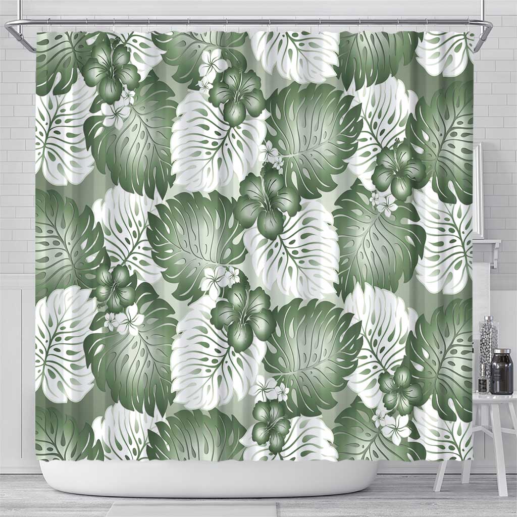 Sage Green Aloha Hawaii Shower Curtain Monstera Hibiscus Plumeria Seamless Vibes - Polynesian Pride