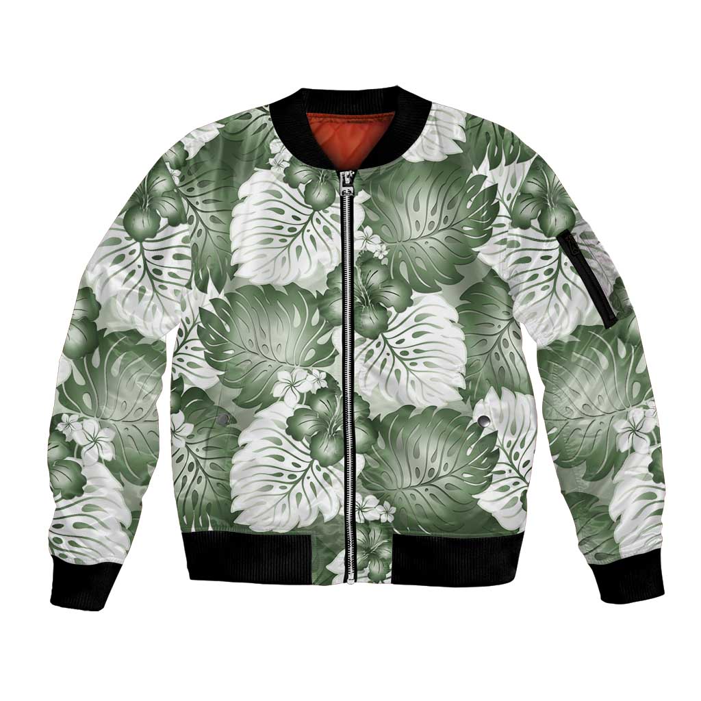 Sage Green Aloha Hawaii Sleeve Zip Bomber Jacket Monstera Hibiscus Plumeria Seamless Vibes - Polynesian Pride