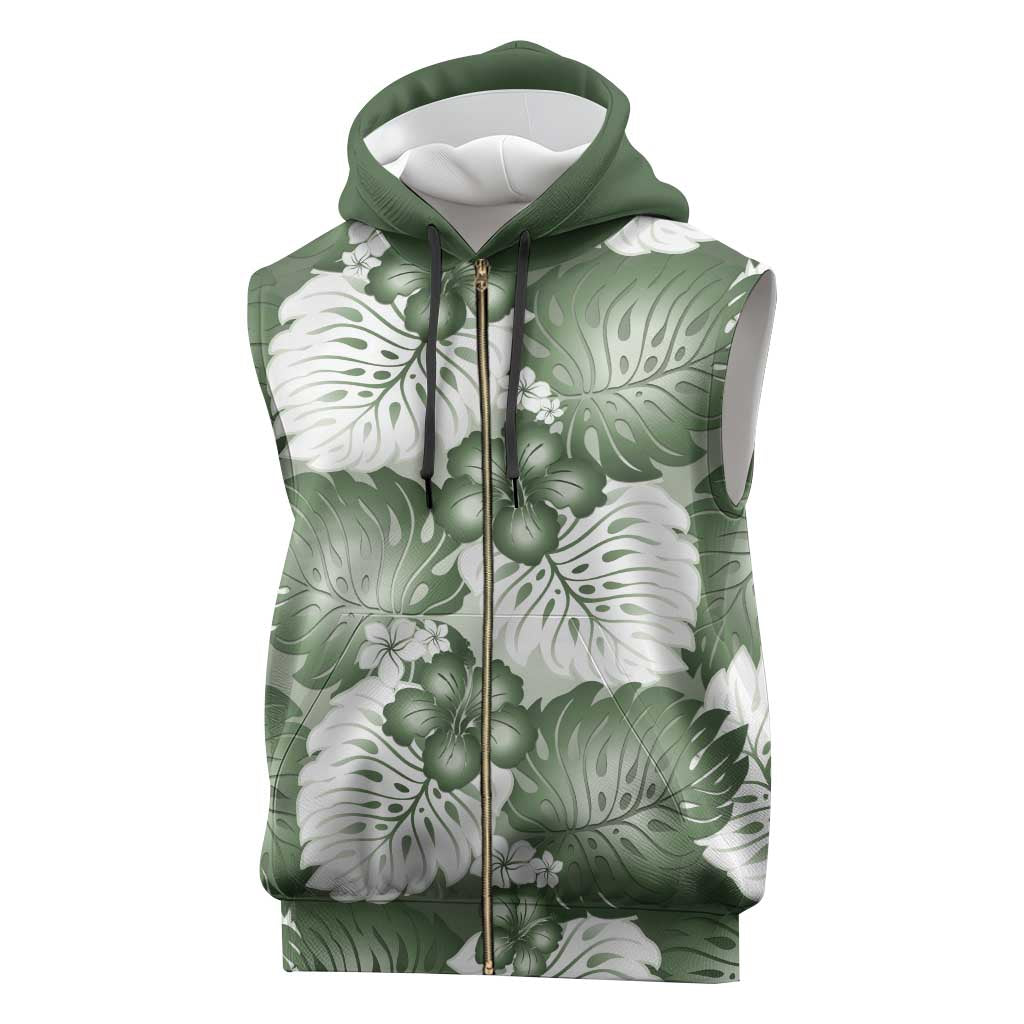 Sage Green Aloha Hawaii Sleeveless Zip Hoodie Monstera Hibiscus Plumeria Seamless Vibes - Polynesian Pride