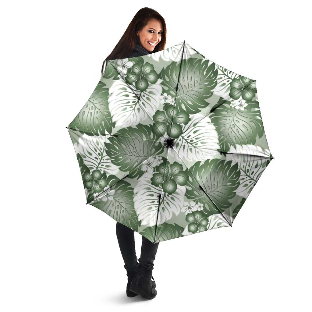 Sage Green Aloha Hawaii Umbrella Monstera Hibiscus Plumeria Seamless Vibes - Polynesian Pride