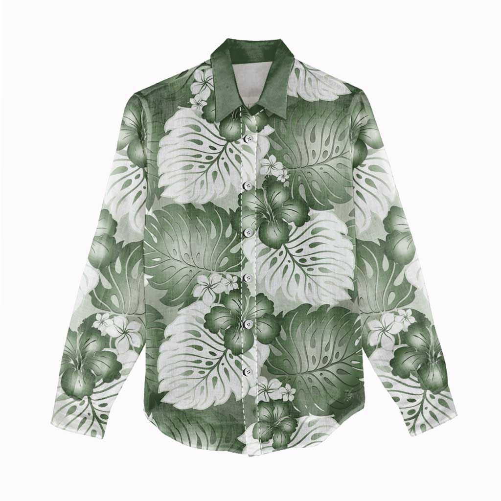 Sage Green Aloha Hawaii Women Casual Shirt Monstera Hibiscus Plumeria Seamless Vibes - Polynesian Pride