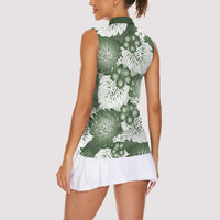 Sage Green Aloha Hawaii Women Sleeveless Polo Shirt Monstera Hibiscus Plumeria Seamless Vibes - Polynesian Pride