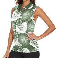 Sage Green Aloha Hawaii Women Sleeveless Polo Shirt Monstera Hibiscus Plumeria Seamless Vibes - Polynesian Pride