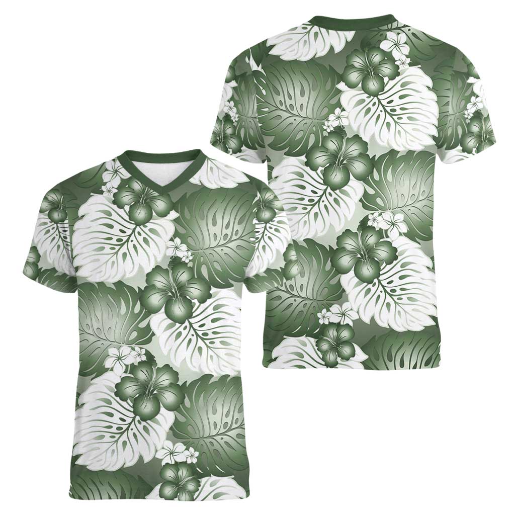 Sage Green Aloha Hawaii Women V-Neck T-Shirt Monstera Hibiscus Plumeria Seamless Vibes - Polynesian Pride