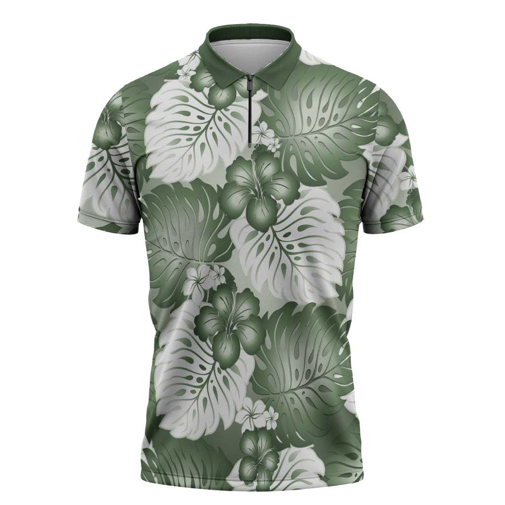 Sage Green Aloha Hawaii Zipper Polo Shirt Monstera Hibiscus Plumeria Seamless Vibes - Polynesian Pride