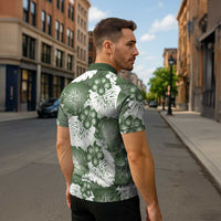 Sage Green Aloha Hawaii Zipper Polo Shirt Monstera Hibiscus Plumeria Seamless Vibes - Polynesian Pride