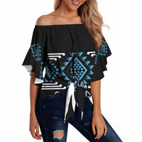 Aotearoa Atua Ranginui Personalised Off Shoulder Wrap Waist Top Maori Sky Father Taniko Motifs LT14 Blue - Polynesian Pride