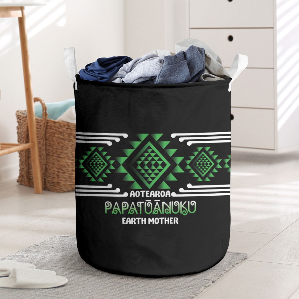 Aotearoa Atua Papatuanuku Laundry Basket Maori Earth Mother Taniko Motifs LT14 Green - Polynesian Pride