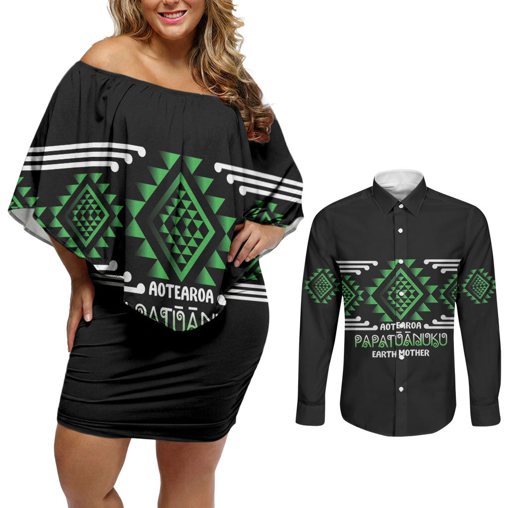 Aotearoa Atua Papatuanuku Personalised Couples Matching Off Shoulder Short Dress and Long Sleeve Button Shirt Maori Earth Mother Taniko Motifs LT14 Green - Polynesian Pride