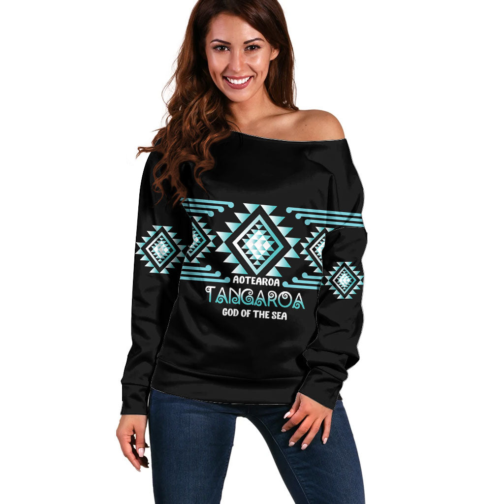 Aotearoa Atua Tangaroa Personalised Off Shoulder Sweater Maori God Of The Sea Taniko Motifs LT14 Women Turquoise - Polynesian Pride