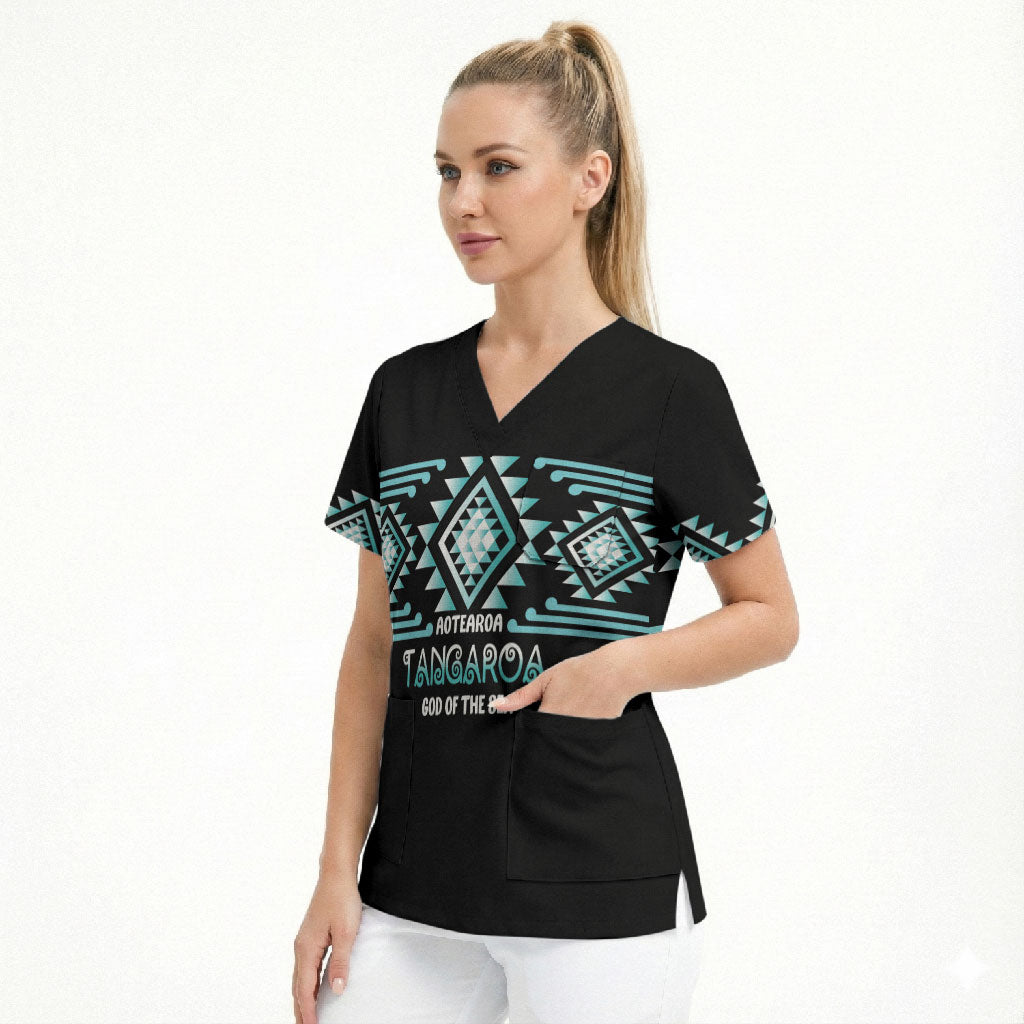 Aotearoa Atua Tangaroa Personalised Scrub Top Maori God Of The Sea Taniko Motifs LT14 - Polynesian Pride