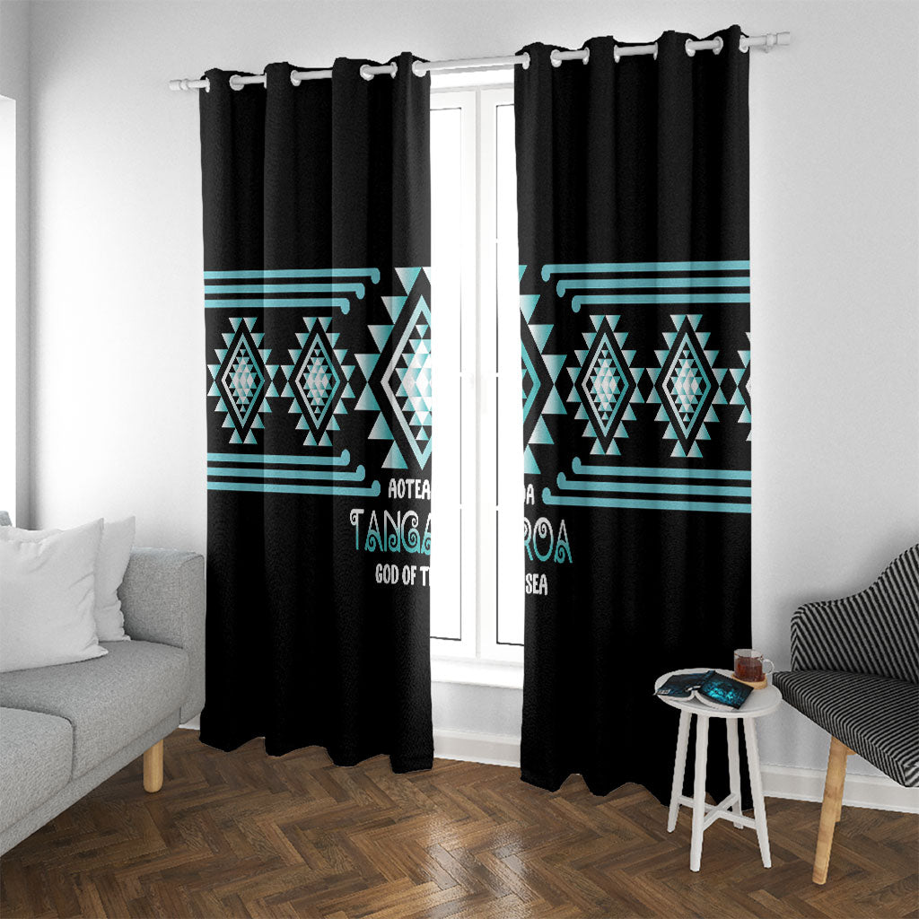 Aotearoa Atua Tangaroa Window Curtain Maori God Of The Sea Taniko Motifs LT14 With Grommets Turquoise - Polynesian Pride
