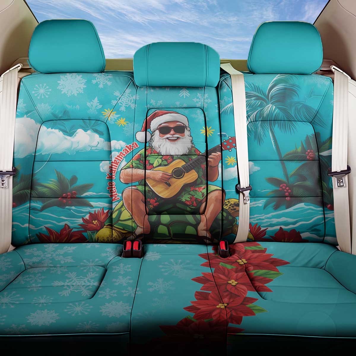 Hawaii Christmas Back Car Seat Cover Mele Kalikimaka Poinsettia Lei - Cyan LT14 One Size Cyan - Polynesian Pride