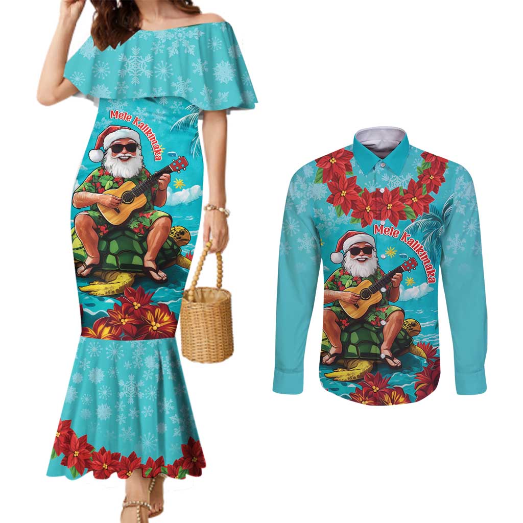 Hawaii Christmas Couples Matching Mermaid Dress and Long Sleeve Button Shirt Mele Kalikimaka Poinsettia Lei - Cyan