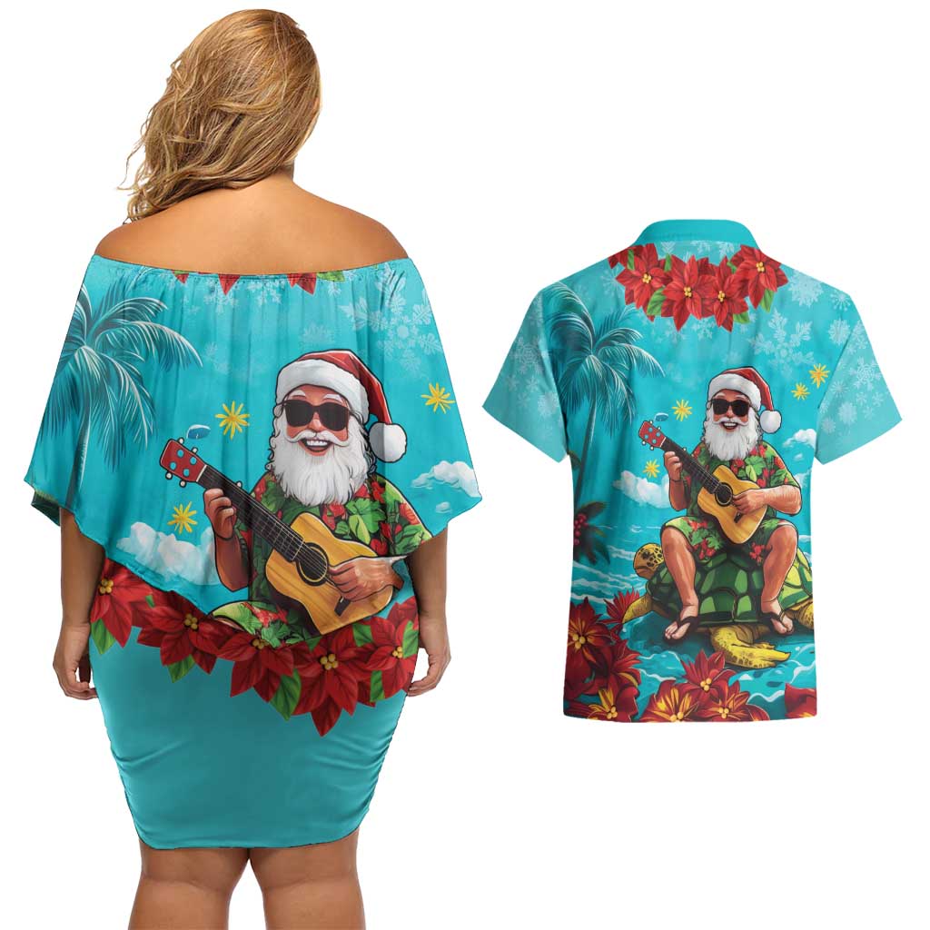 Hawaii Christmas Couples Matching Off Shoulder Short Dress and Hawaiian Shirt Mele Kalikimaka Poinsettia Lei - Cyan LT14 - Polynesian Pride