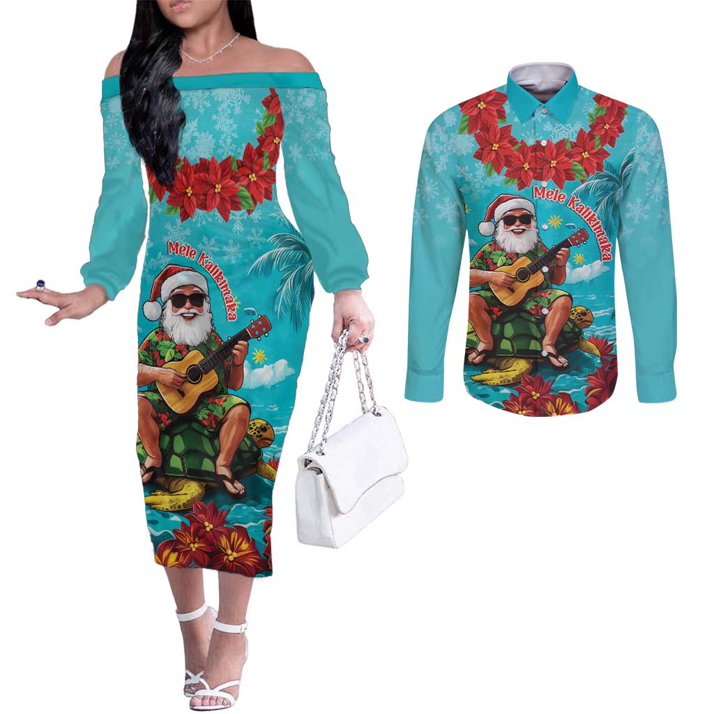 Hawaii Christmas Couples Matching Off The Shoulder Long Sleeve Dress and Long Sleeve Button Shirt Mele Kalikimaka Poinsettia Lei - Cyan LT14 Cyan - Polynesian Pride