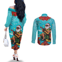 Hawaii Christmas Couples Matching Off The Shoulder Long Sleeve Dress and Long Sleeve Button Shirt Mele Kalikimaka Poinsettia Lei - Cyan LT14 - Polynesian Pride