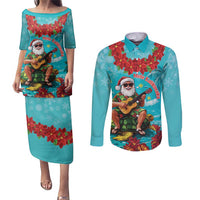 Hawaii Christmas Couples Matching Puletasi and Long Sleeve Button Shirt Mele Kalikimaka Poinsettia Lei - Cyan LT14 Cyan - Polynesian Pride