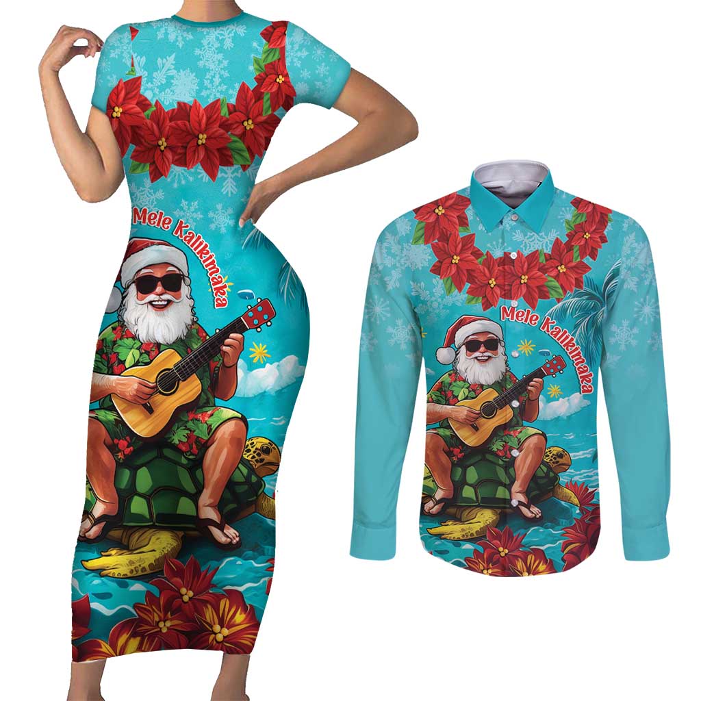 Hawaii Christmas Couples Matching Short Sleeve Bodycon Dress and Long Sleeve Button Shirt Mele Kalikimaka Poinsettia Lei - Cyan LT14 Cyan - Polynesian Pride