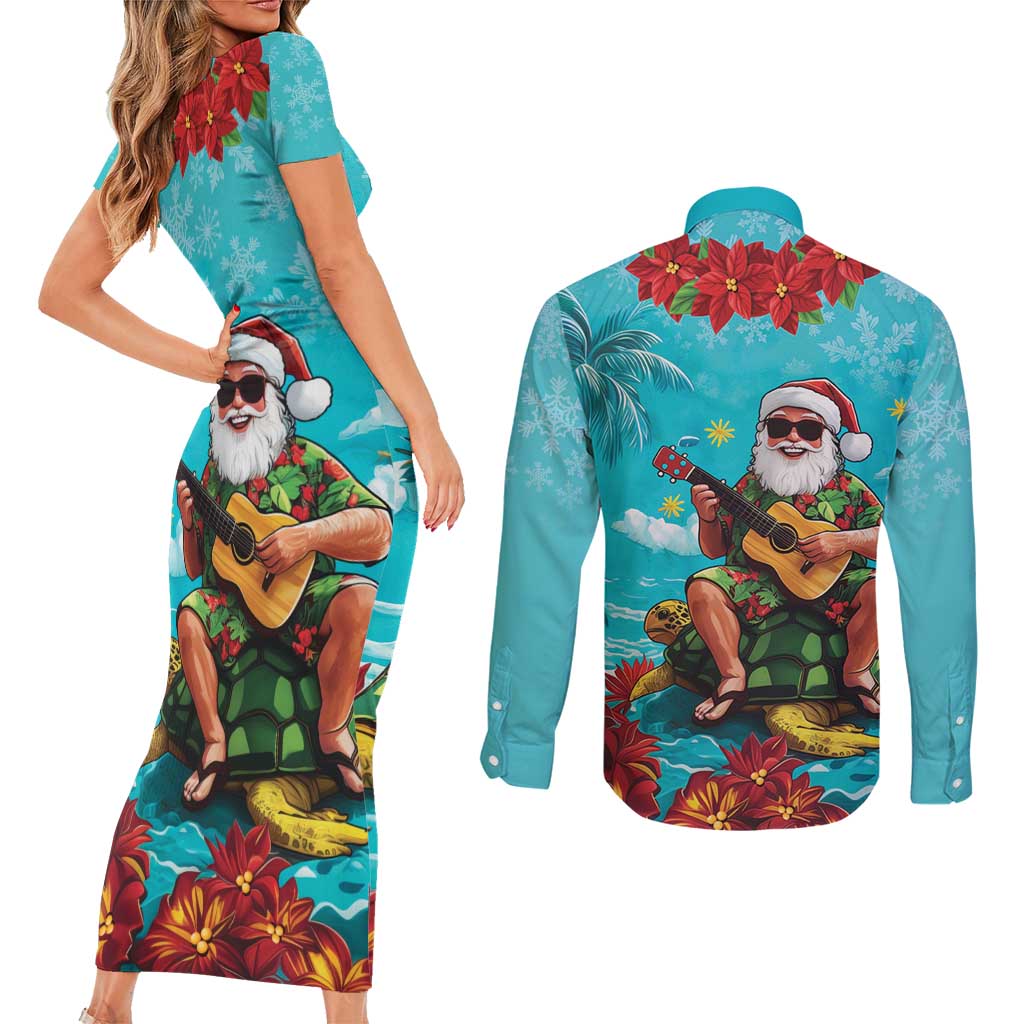 Hawaii Christmas Couples Matching Short Sleeve Bodycon Dress and Long Sleeve Button Shirt Mele Kalikimaka Poinsettia Lei - Cyan LT14 - Polynesian Pride