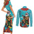 Hawaii Christmas Couples Matching Short Sleeve Bodycon Dress and Long Sleeve Button Shirt Mele Kalikimaka Poinsettia Lei - Cyan