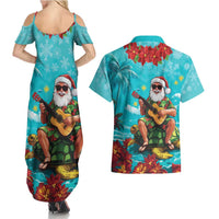 Hawaii Christmas Couples Matching Summer Maxi Dress and Hawaiian Shirt Mele Kalikimaka Poinsettia Lei - Cyan LT14 - Polynesian Pride