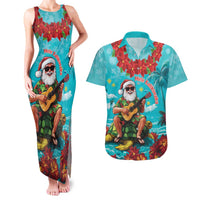 Hawaii Christmas Couples Matching Tank Maxi Dress and Hawaiian Shirt Mele Kalikimaka Poinsettia Lei - Cyan LT14 Cyan - Polynesian Pride