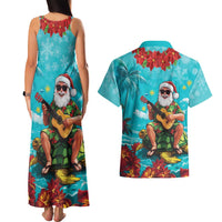 Hawaii Christmas Couples Matching Tank Maxi Dress and Hawaiian Shirt Mele Kalikimaka Poinsettia Lei - Cyan LT14 - Polynesian Pride