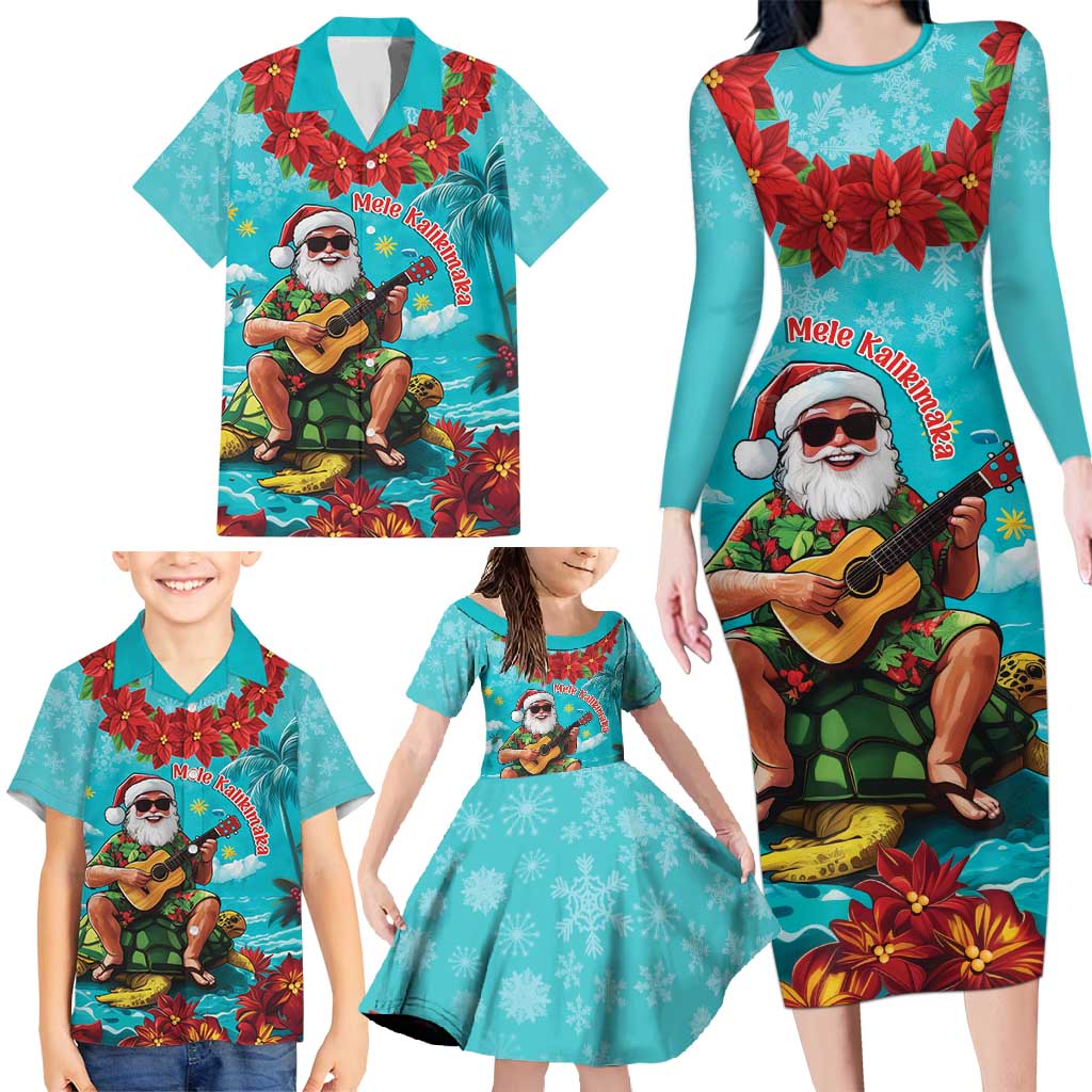 Hawaii Christmas Family Matching Long Sleeve Bodycon Dress and Hawaiian Shirt Mele Kalikimaka Poinsettia Lei - Cyan