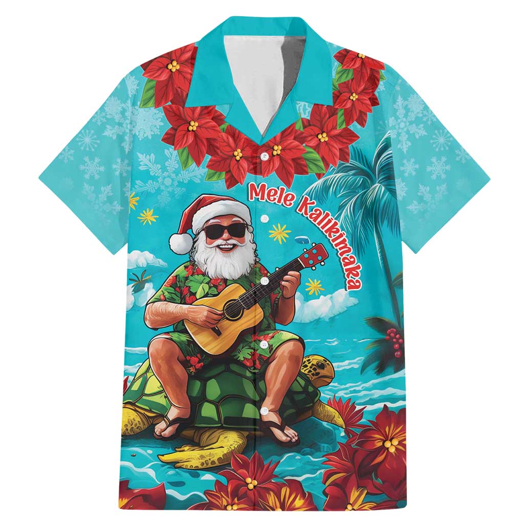 Hawaii Christmas Family Matching Mermaid Dress and Hawaiian Shirt Mele Kalikimaka Poinsettia Lei - Cyan LT14 Dad's Shirt - Short Sleeve Cyan - Polynesian Pride