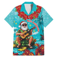 Hawaii Christmas Family Matching Mermaid Dress and Hawaiian Shirt Mele Kalikimaka Poinsettia Lei - Cyan LT14 Dad's Shirt - Short Sleeve Cyan - Polynesian Pride