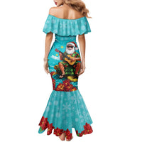 Hawaii Christmas Family Matching Mermaid Dress and Hawaiian Shirt Mele Kalikimaka Poinsettia Lei - Cyan LT14 - Polynesian Pride