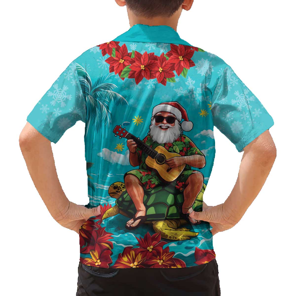 Hawaii Christmas Family Matching Off The Shoulder Long Sleeve Dress and Hawaiian Shirt Mele Kalikimaka Poinsettia Lei - Cyan