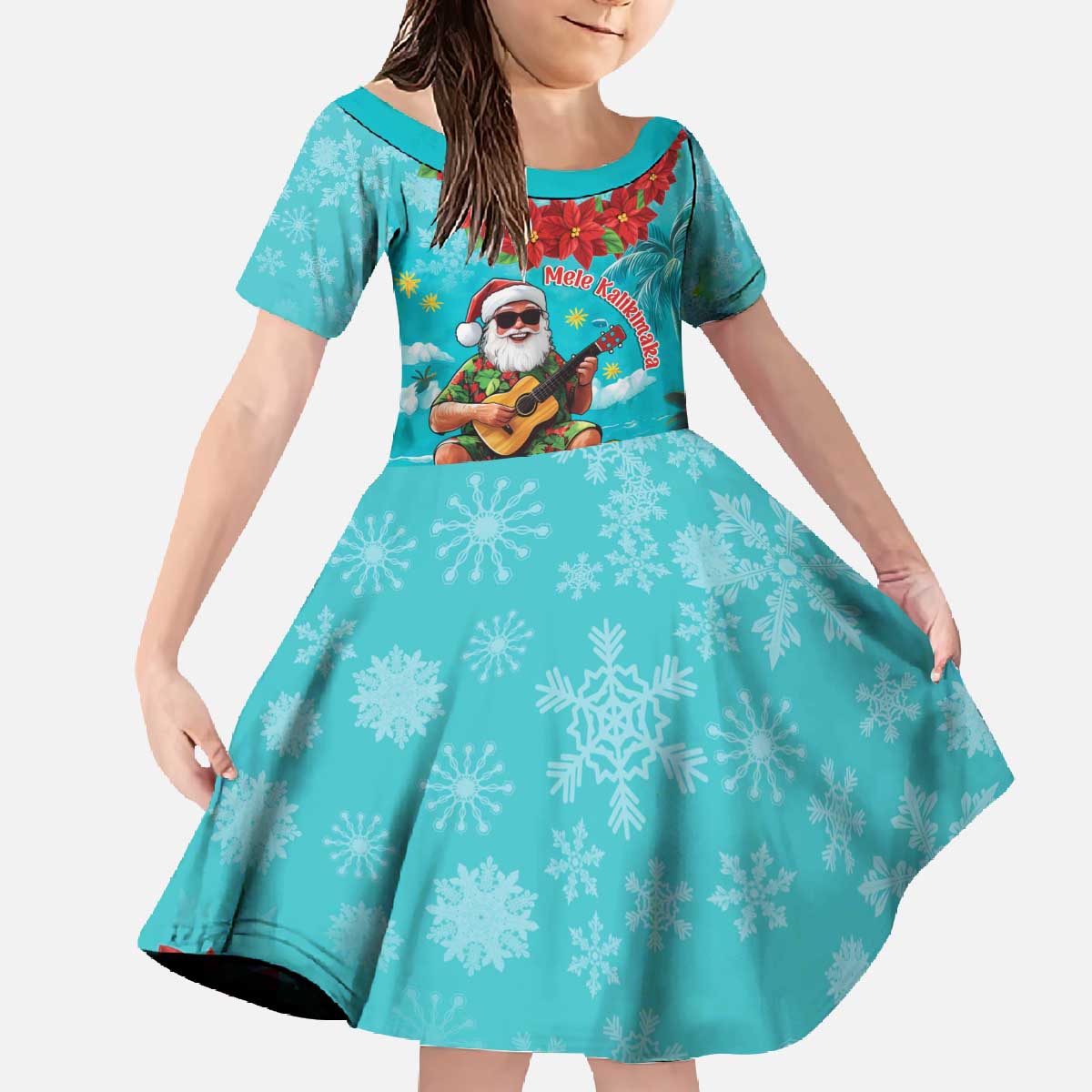 Hawaii Christmas Family Matching Off The Shoulder Long Sleeve Dress and Hawaiian Shirt Mele Kalikimaka Poinsettia Lei - Cyan