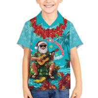 Hawaii Christmas Family Matching Off The Shoulder Long Sleeve Dress and Hawaiian Shirt Mele Kalikimaka Poinsettia Lei - Cyan