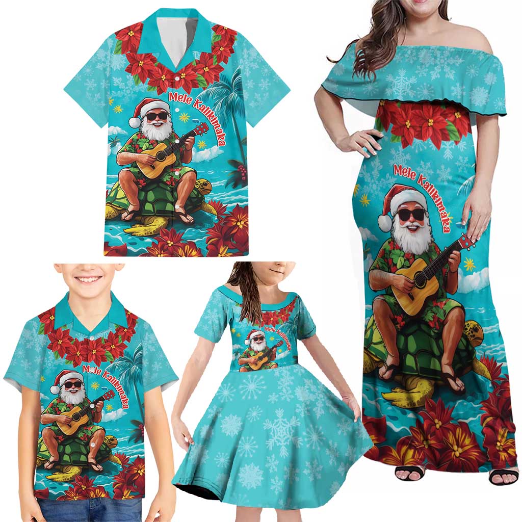 Hawaii Christmas Family Matching Off Shoulder Maxi Dress and Hawaiian Shirt Mele Kalikimaka Poinsettia Lei - Cyan LT14 - Polynesian Pride