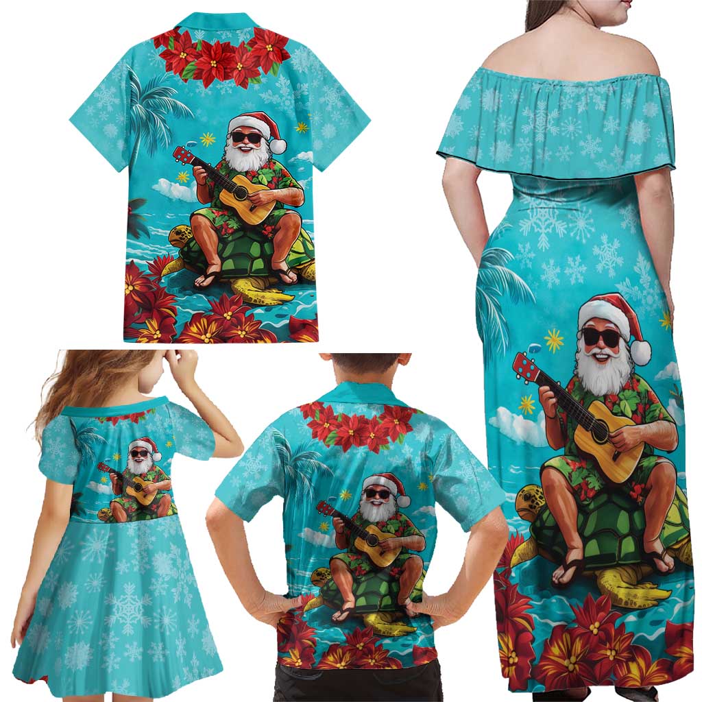 Hawaii Christmas Family Matching Off Shoulder Maxi Dress and Hawaiian Shirt Mele Kalikimaka Poinsettia Lei - Cyan LT14 - Polynesian Pride