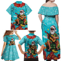 Hawaii Christmas Family Matching Off Shoulder Maxi Dress and Hawaiian Shirt Mele Kalikimaka Poinsettia Lei - Cyan LT14 - Polynesian Pride