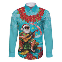 Hawaii Christmas Family Matching Off Shoulder Maxi Dress and Hawaiian Shirt Mele Kalikimaka Poinsettia Lei - Cyan LT14 Dad's Shirt - Long Sleeve Cyan - Polynesian Pride