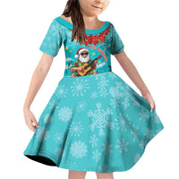 Hawaii Christmas Family Matching Off Shoulder Short Dress and Hawaiian Shirt Mele Kalikimaka Poinsettia Lei - Cyan LT14 Daughter's Dress Cyan - Polynesian Pride