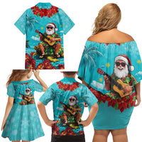 Hawaii Christmas Family Matching Off Shoulder Short Dress and Hawaiian Shirt Mele Kalikimaka Poinsettia Lei - Cyan LT14 - Polynesian Pride