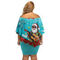Hawaii Christmas Family Matching Off Shoulder Short Dress and Hawaiian Shirt Mele Kalikimaka Poinsettia Lei - Cyan LT14 - Polynesian Pride